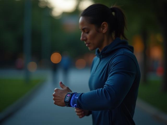A person using a smartwatch to track fitness metrics during a brisk walk in a park, with digital overlays.