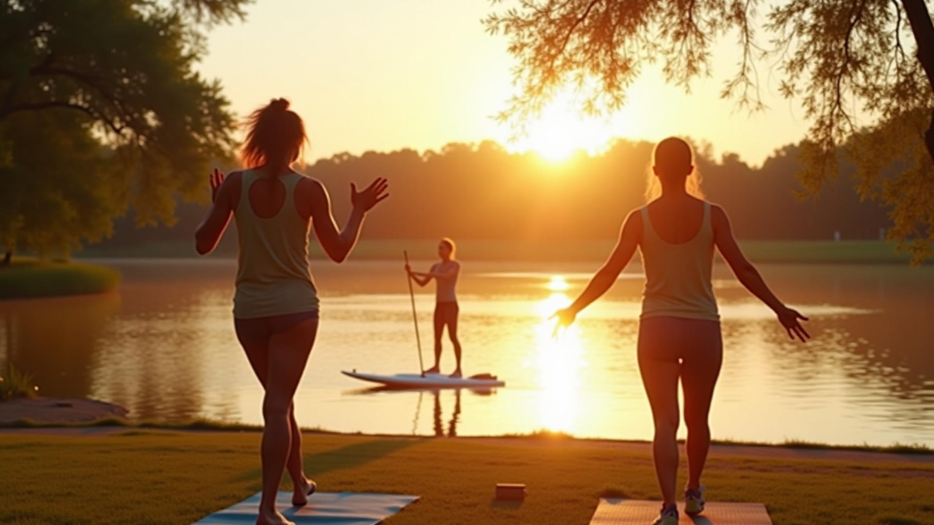 Diverse adults (35-55) enjoying healthy activities like paddleboarding and home wellness tech, set against an Austin-like backdrop at golden hour