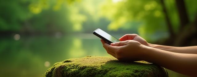 Person enjoying nature, putting away a smartphone, symbolizing digital detox.