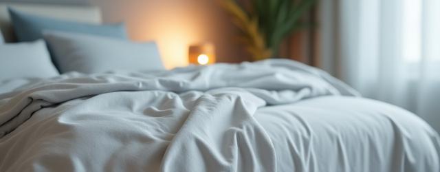 Serene bedroom with soft lighting and comfortable bedding, symbolizing deep sleep.