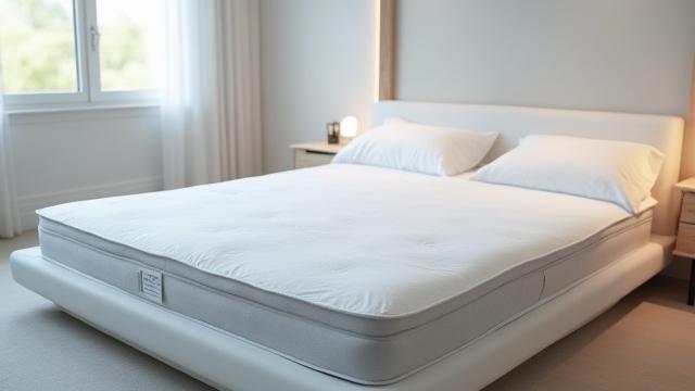 A luxurious smart mattress with integrated sleep tracking technology, shown in a serene bedroom setting.