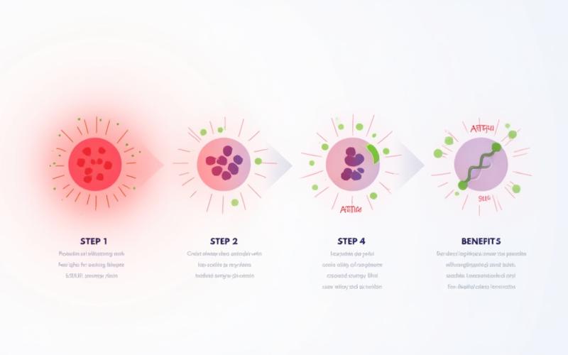 Infographic illustrating the process of red light penetrating skin, absorbed by mitochondria, boosting cellular ATP, and leading to anti-inflammatory effects and collagen production.